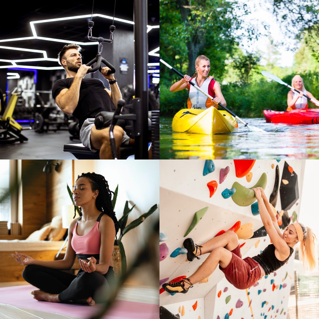 Vielfältige Sport- und Wellnessangebote für Firmenfitness in Lippstadt mit Fitness, Yoga, Kanu und Klettern.