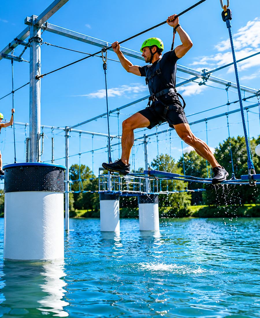 Klettern über Wasser als modernes Firmenfitness- und Teambuilding-Angebot in Münster und Umgebung.